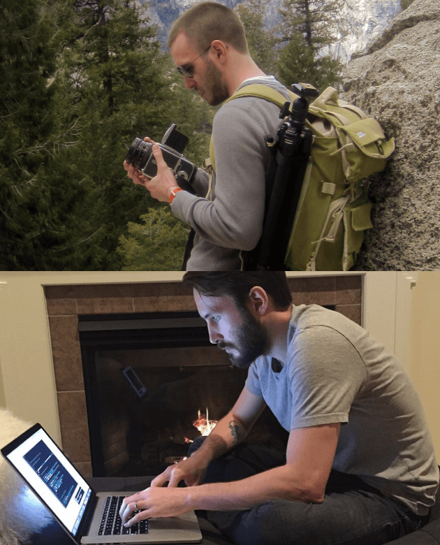 Photos of Alex Jacque taking photos in Yosemite, and coding Lghtmtr back home