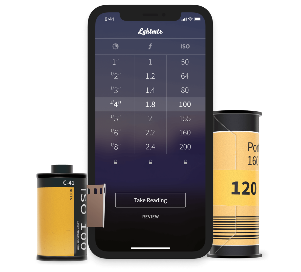 Photo of Lghtmtr on iPhone next to 35mm and 120 film rolls