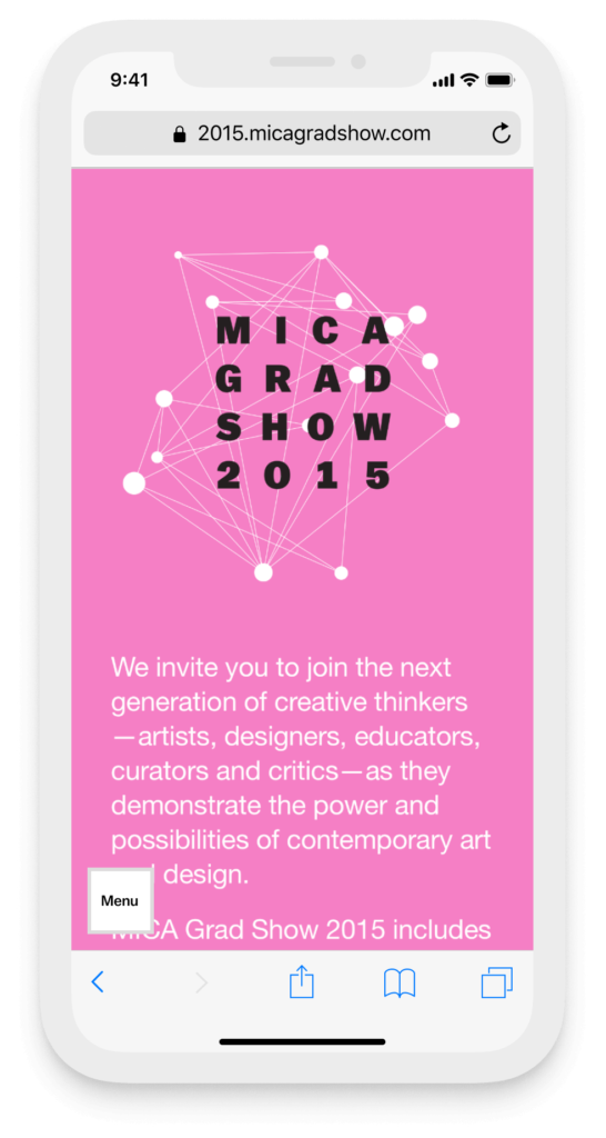 Image of the mobile website for the MICA Grad Show