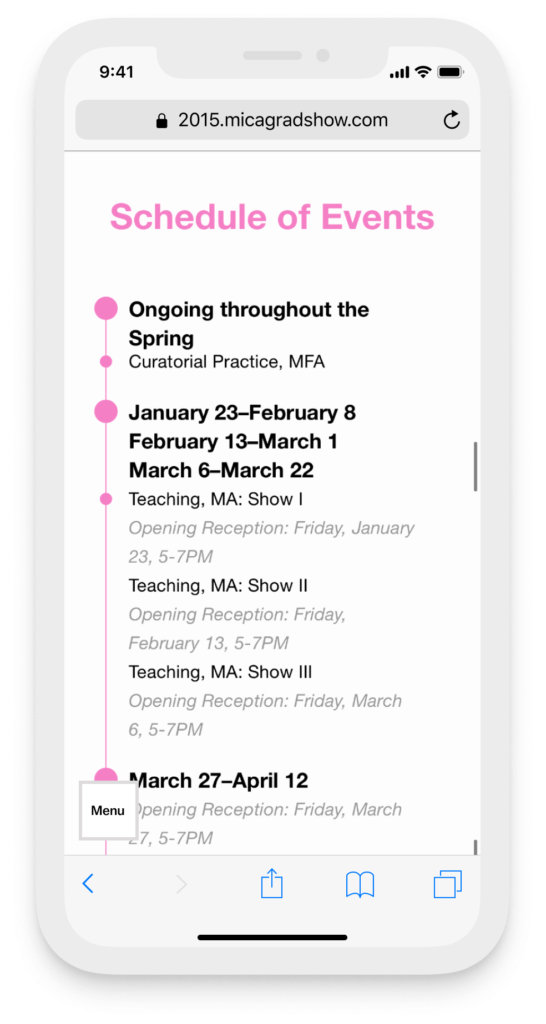 Image of the schedule on the mobile website for the MICA Grad Show