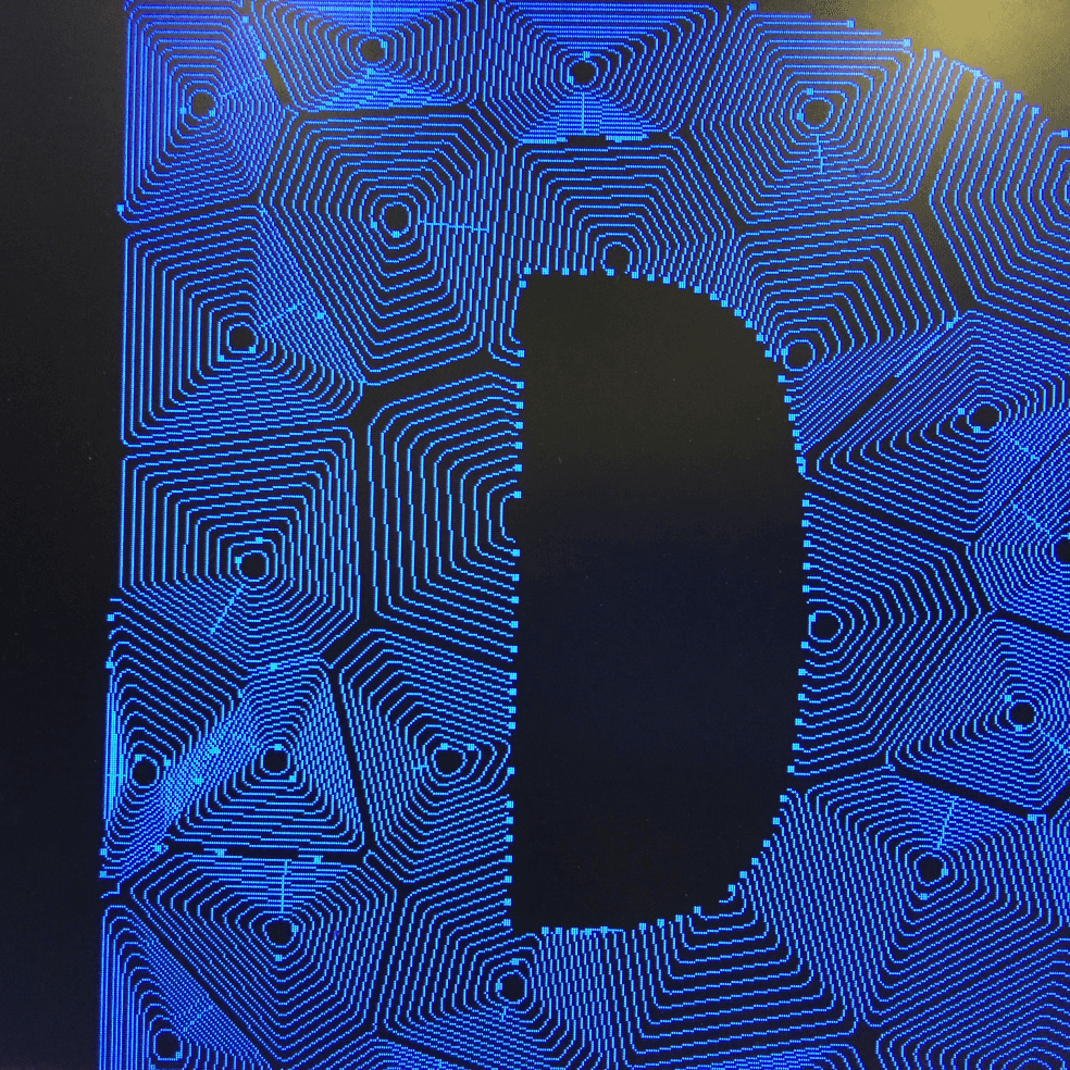 Image showing tooling paths for the 'D' character in the MICA Grad Show sign