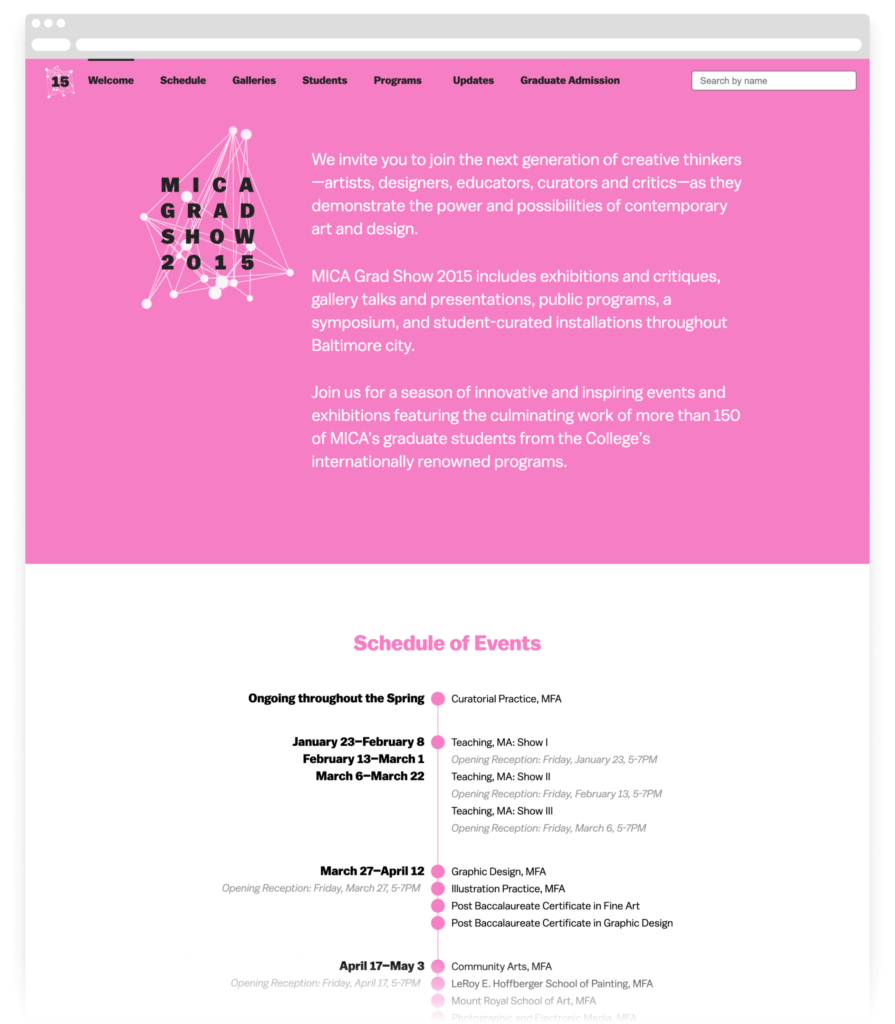Photo of the website for the MICA Grad Show