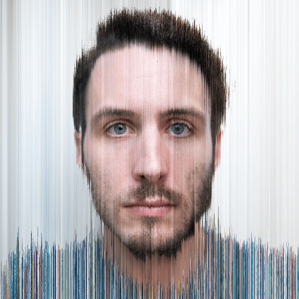 An abstract portrait comprised of a series of vertical slices taken from many self-portraits